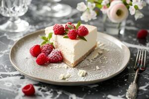 Tasty slice of cheesecake with fruits and nice decoration mint leaf photo