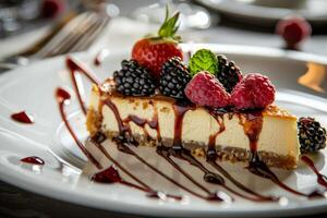 sabroso rebanada de tarta de queso con frutas y bonito decoración menta hoja foto