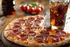 Tasty Salami Pizza with a soft drink on a restaurant table photo