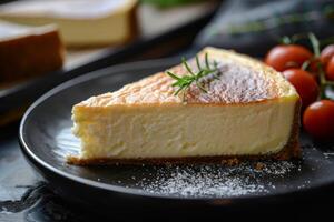 sabroso rebanada de tarta de queso con frutas y bonito decoración menta hoja foto