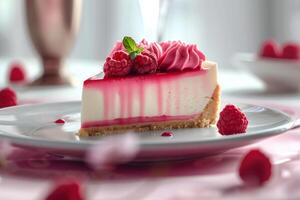 Tasty slice of cheesecake with fruits and nice decoration mint leaf photo