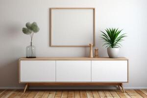 wooden frame with blank white canvas in modern living room, minimalistic, mockup photo