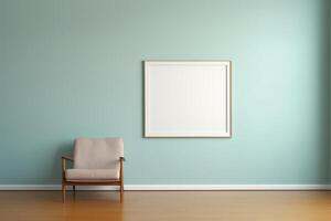 wooden frame with blank white canvas in modern living room, minimalistic, mockup photo