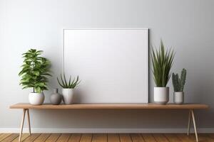 wooden frame with blank white canvas in modern living room, minimalistic, mockup photo