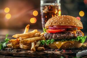 sabroso hamburguesa con francés papas fritas y un Coca foto