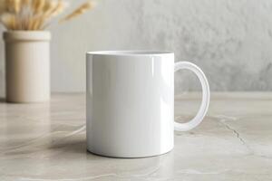 white 11oz ceramic mug on kitchen table with decorations, soft light, stockphoto image photo