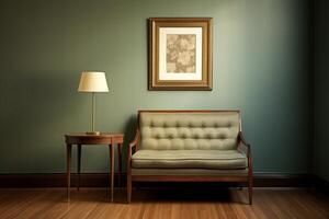 a single picture frame hanging on an wall in vintage living room with couch and lamp photo