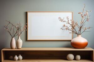 wooden frame with blank white canvas in modern living room, minimalistic, mockup photo