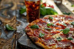 Tasty Salami Pizza with a soft drink on a restaurant table photo