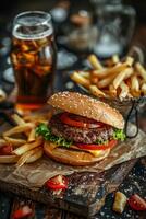 sabroso hamburguesa con francés papas fritas y un Coca foto