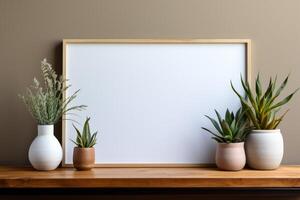 wooden frame with blank white canvas in modern living room, minimalistic, mockup photo