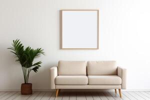 wooden frame with blank white canvas in modern living room, minimalistic, mockup photo