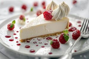 Tasty slice of cheesecake with fruits and nice decoration mint leaf photo