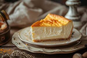 Tasty slice of cheesecake with fruits and nice decoration mint leaf photo