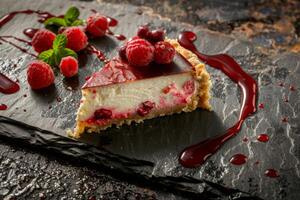 Tasty slice of cheesecake with fruits and nice decoration mint leaf photo