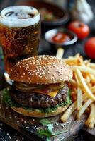 sabroso hamburguesa con francés papas fritas y un Coca foto