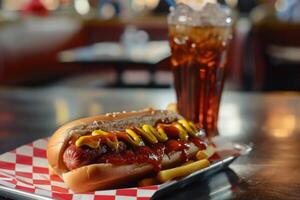 Tasty Hotdog with french fries, soft drink on restaurant table created by AI photo