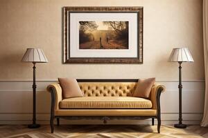 a single picture frame hanging on an wall in vintage living room with couch and lamp photo