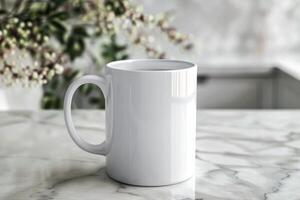 white 11oz ceramic mug on kitchen table with decorations, soft light, stockphoto image photo