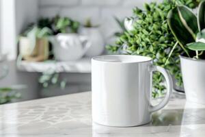 white 11oz ceramic mug on kitchen table with decorations, soft light, stockphoto image photo