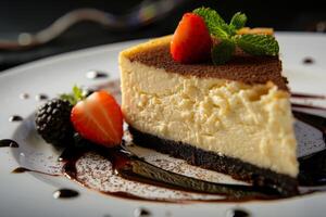 sabroso rebanada de tarta de queso con frutas y bonito decoración menta hoja foto