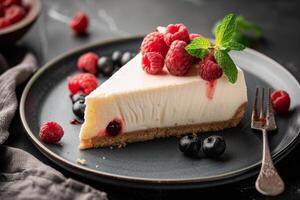 sabroso rebanada de tarta de queso con frutas y bonito decoración menta hoja foto