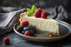 sabroso rebanada de tarta de queso con frutas y bonito decoración menta hoja foto