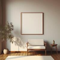 wooden frame with blank white canvas in modern living room, minimalistic, mockup photo