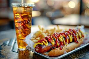 Tasty Hotdog with french fries, soft drink on restaurant table created by AI photo