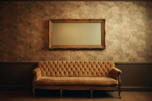 a single picture frame hanging on an wall in vintage living room with couch and lamp photo