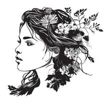 hermosa niña con flores en su pelo bosquejo mano dibujado bosquejo ilustración vector