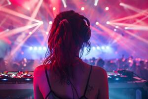 Female DJ on a big rave playing for a big crowd of party people, ravers dancing, big laser show photo