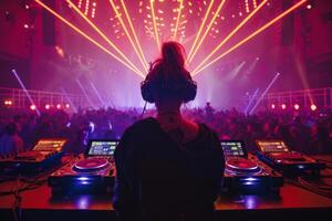 Female DJ on a big rave playing for a big crowd of party people, ravers dancing, big laser show photo