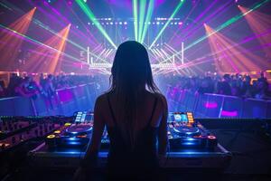 Female DJ on a big rave playing for a big crowd of party people, ravers dancing, big laser show photo