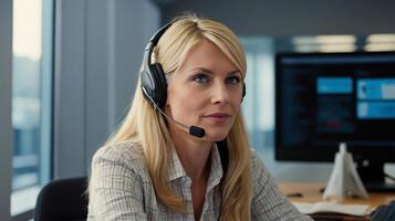 Customer Service Agent female, wearing headset, sitting in modern office photo