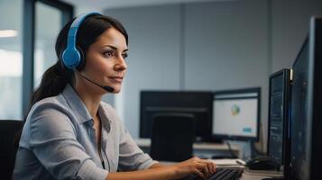 Customer Service Agent female, wearing headset, sitting in modern office photo