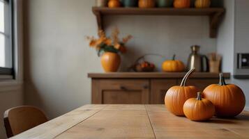 Wooden table and pumpkins, rustic kitchen interior with autumn fall decorations, blurred background.Selective focus and copy space. photo