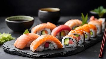 Set of sushi rolls and nigiri served on black stone slate. photo