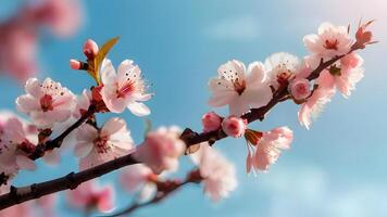 Branches of blossoming cherry on a background of blue sky and butterflies. Pink sakura flowers in springtime. . photo
