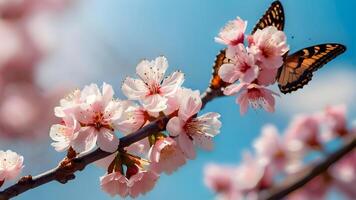 Branches of blossoming cherry on a background of blue sky and butterflies. Pink sakura flowers in springtime. . photo