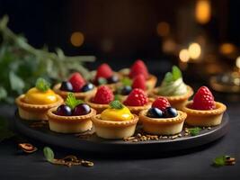 Different berries and fruit Tartlets on a dark table background. Tarts, open pastry pies with fresh berries strawberry, raspberry, and blueberry. Selective focus. photo