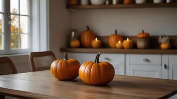 Wooden table and pumpkins, rustic kitchen interior with autumn fall decorations, blurred background.Selective focus and copy space. photo