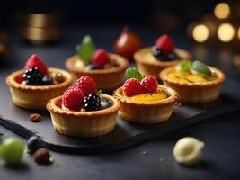 Different berries and fruit Tartlets on a dark table background. Tarts, open pastry pies with fresh berries strawberry, raspberry, and blueberry. Selective focus. photo