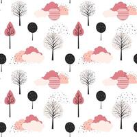 Cute trees seamless pattern. Scandinavian trees and clouds wallpaper. Childish fantasy background. vector