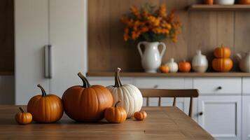 Wooden table and pumpkins, rustic kitchen interior with autumn fall decorations, blurred background.Selective focus and copy space. photo