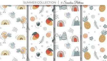 Cute simple summertime patterns. Set of childish doodle backgrounds with rainbow, sun, bird and mango. vector