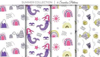 Cute simple nursery patterns. Set of summer doodle backgrounds with mermaid, rainbow, mountain and fish. vector