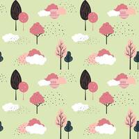 Cute trees seamless pattern. Scandinavian trees and clouds wallpaper. Childish fantasy background. vector