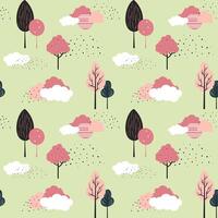 Cute trees seamless pattern. Scandinavian trees and clouds wallpaper. Childish fantasy background. vector