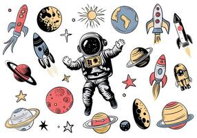 Hand drawn space elements. Colorful set of space objects doodles vector